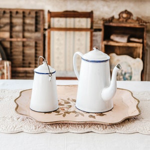 1940s French Enamel Coffee Pot and Mil Jar Shabby Chic White image 3