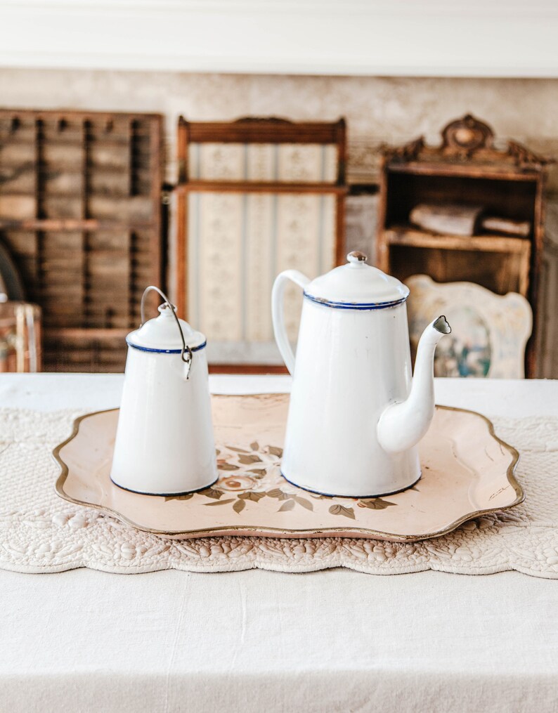 1940s French Enamel Coffee Pot and Mil Jar Shabby Chic White image 3