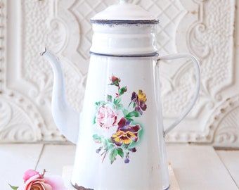 1920s French Japy Enamel Double Coffee Pot with Filter with a Roses and Pansies Design