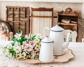 1940s French Enamel Coffee Pot and Mil Jar - Shabby Chic White