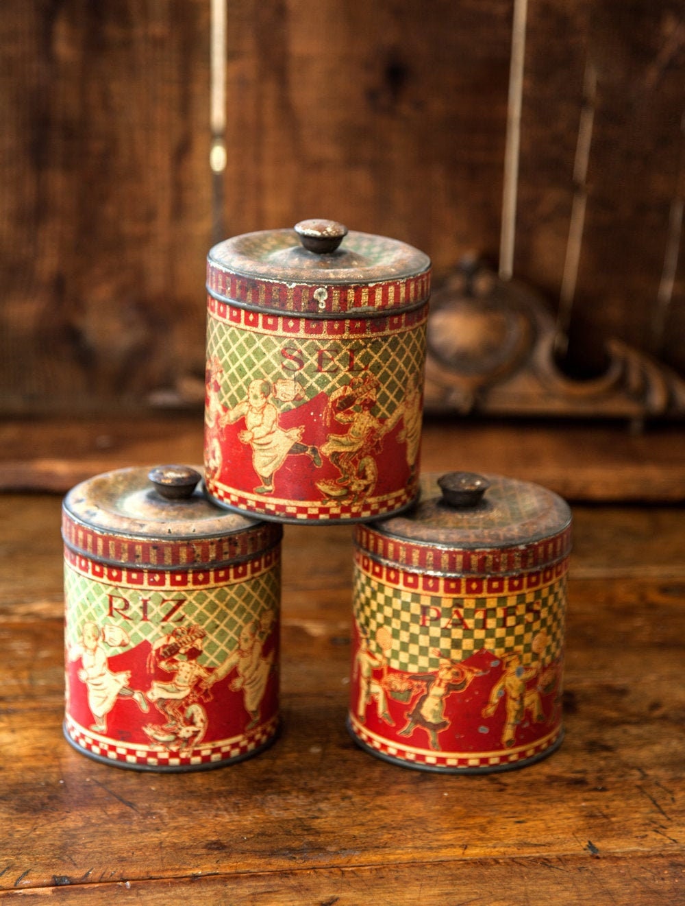 1930s French Kitchen Tin Canister - Set of 3 - Pasta / Salt / Rice
