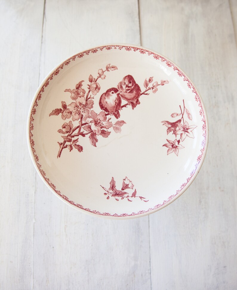 Sarreguemines Favori Red Pink Transferware Early 1900s French Ironstone Cake Stand