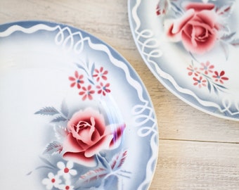 1940s Porcelaine Plates - Set of 7 - Digoin Sarreguemines - Duck Egg Blue and Pink Roses - Country Chic Table