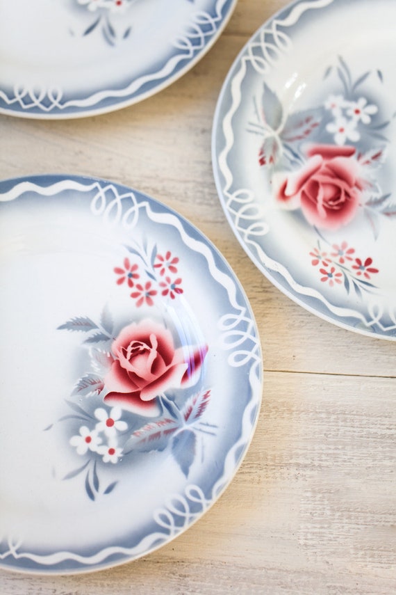 1940s Porcelaine Plates - Set of 7 - Digoin Sarreguemines - Duck Egg Blue and Pink Roses - Country Chic Table