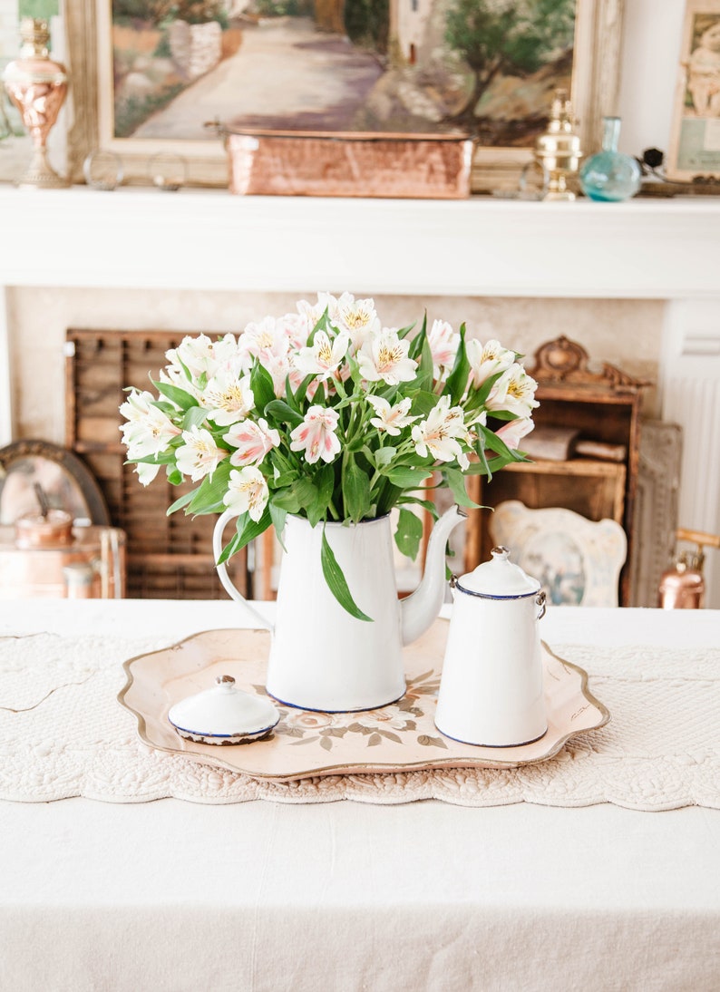 1940s French Enamel Coffee Pot and Mil Jar Shabby Chic White image 6