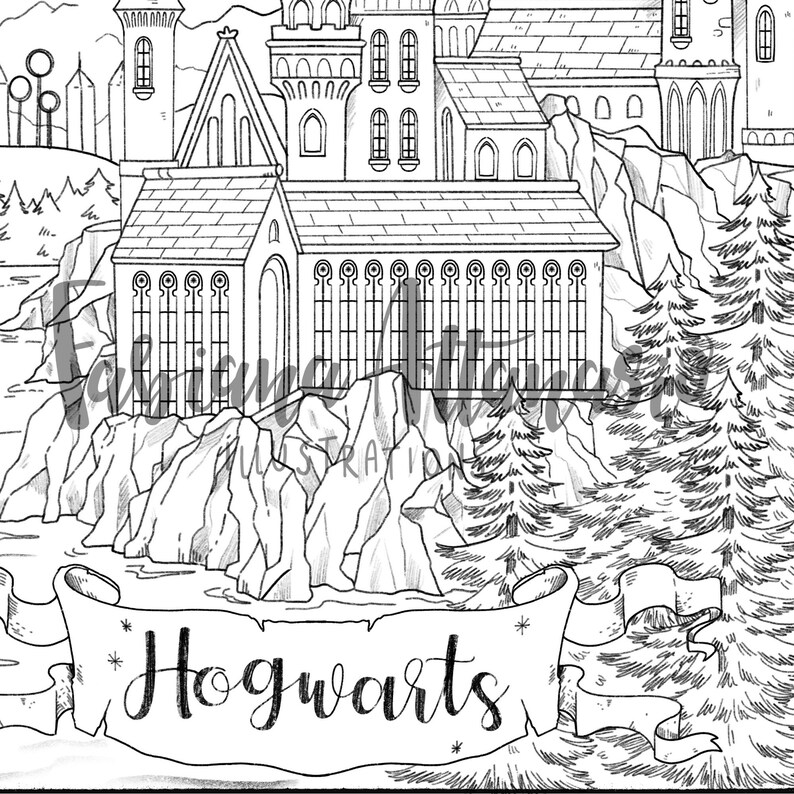Coloring Page Printable Hogwarts castle school Harry Potter | Etsy