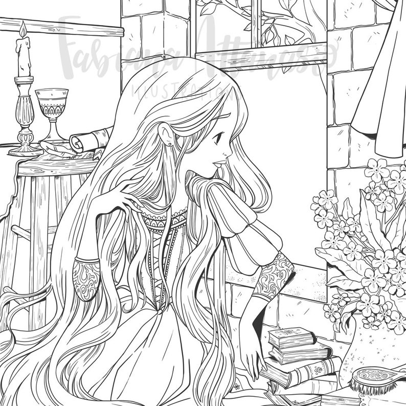 Download Coloring Page Printable Rapunzel Line Art | Etsy