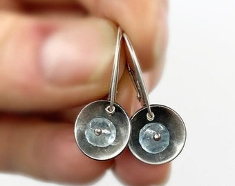 Sterling silver Leverback earrings with Aquamarine, artisan handmade earrings, cup earrings, saucer earrings, dark silver jewelry