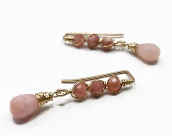 Gold rectangle earrings with Rhodochrosite and Pink Opal, 14 K goldfilled jewelery with pink gemstone earrings