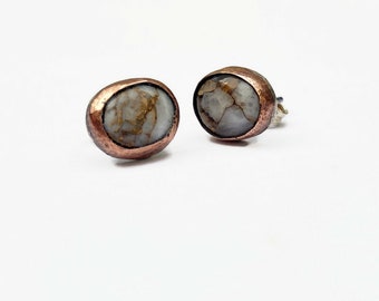 Mixed metal stud earrings, Copper Calcite earrings, handmade metal smithed jewelry