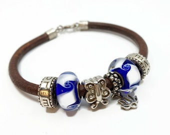 Handmade Leather Bracelet with Sterling Silver Charms and Blue & White Spiral Beads - Unique 19 cm Jewelry