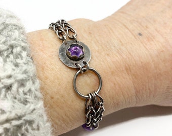 Handmade Amethyst silver bracelet, February birthstone jewelry, handmade artisan metalsmithed jewelry, birthday gift for her, gift for wife