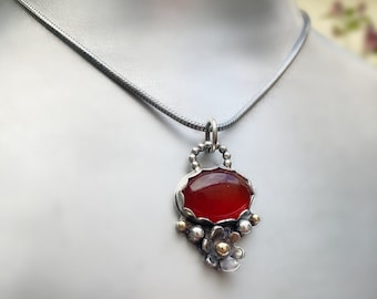 Mixed Metal Carnelian Necklace, one of a kind handcrafted jewelry, gold and silver necklace for women