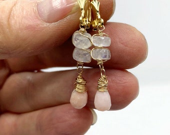 14K Goldfilled Earrings with Faceted Rainbow Moonstone and Pink Opal, long genuine gemstone drop earrings