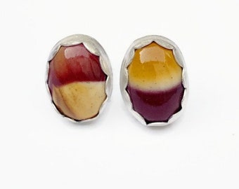 Handmade Mookait Gemstone Stud Earrings - Sterling Silver 1.5cm x 1cm