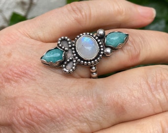 Boho chique statement ring with Moonstone, artisan three stone ring western style cowgirl rings, colorful handmade jewelry spring fashion