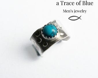 Mens earcuff – sterling silver ear cuff with turquoise – no piercing needed – hammered finish
