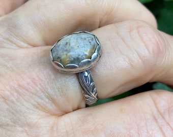 Picture Jasper 925 Sterling silver Statement Ring with floral pattern ring shank, unique ring for men and women, gender neutral  ring