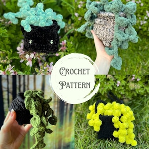 May include: A crochet pattern document featuring four images of handmade potted plants with trailing vines in various colors, including light blue, green, and yellow, set in black or speckled pots. The text Crochet Pattern is centered.