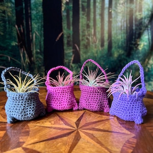 May include: Four crocheted plant hangers in different colors, gray, pink, purple, and a darker shade of purple, with air plants inside. The hangers are displayed on a wooden table with a starburst pattern.