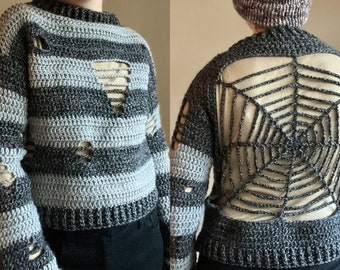 May include: A gray and light blue striped crochet sweater with a large spiderweb design on the back. The sweater has several intentional holes throughout.