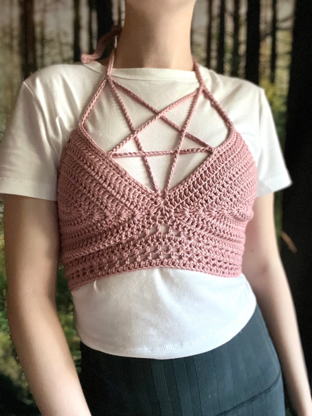 Goth Crocheted Pentagram Bralette Crop Top, Gothic Pentagram