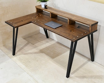 TEMIZ | Solid Wood Handmade Custom Built Bespoke Corner Desk / Computer Desk With Monitor Shelf + Choice of Bases / Legs