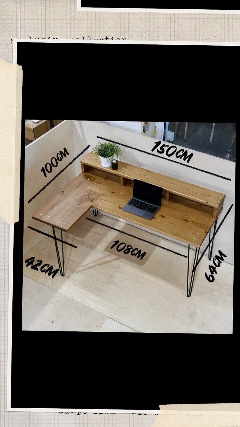 TEMIZ Solid Wood Handmade Custom Built Bespoke Corner Desk / Computer Desk With Monitor Shelf Choice of Bases / Legs image 6