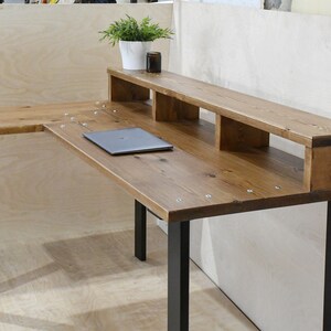 TEMIZ Solid Wood Handmade Custom Built Bespoke Corner Desk / Computer Desk With Monitor Shelf Choice of Bases / Legs image 7
