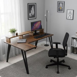 TEMIZ | Solid Redwood Pine Corner Desk With Monitor Shelf And Choice Of Legs