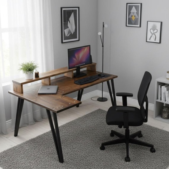 Solid Redwood Pine Corner Desk With Monitor Shelf And Choice Of Legs