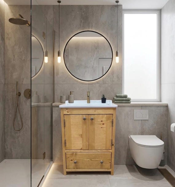 Handmade Solid Pine Bathroom Vanity Unit | Solid Redwood Timber Cupboard | Model NORY 3 | Built In The UK