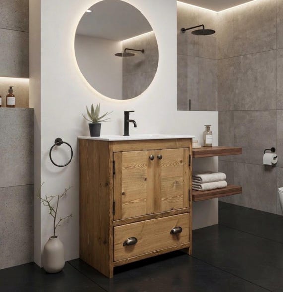 Handmade Solid Pine Bathroom Vanity Unit | Solid Redwood Timber Cupboard | Model NORY 2  Slim Depth | Built In The UK