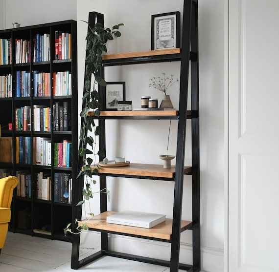 WALDEN Solid Wood Metal Leaning Ladder Shelf Custom Built Bespoke Handmade Storage Unit Etsy