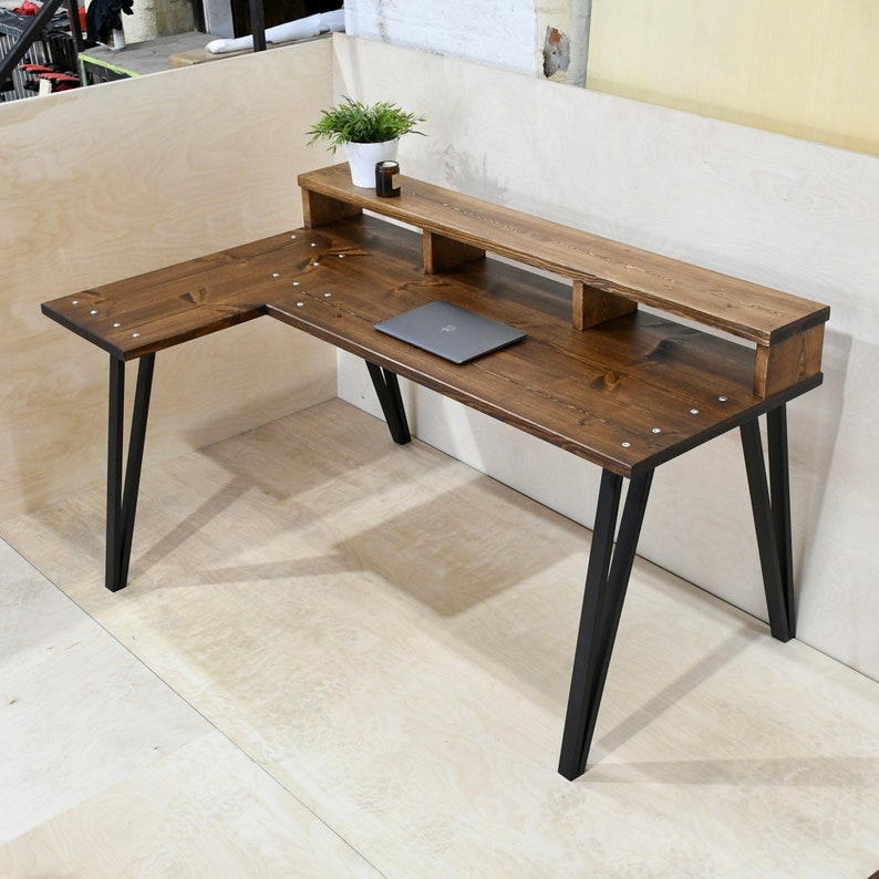 TEMIZ Solid Wood Handmade Custom Built Bespoke Corner Desk / Computer Desk With Monitor Shelf Choice of Bases / Legs image 1
