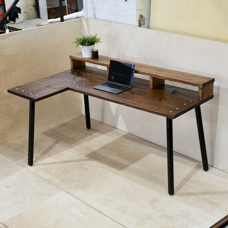 TEMIZ Solid Wood Handmade Custom Built Bespoke Corner Desk / Computer Desk With Monitor Shelf Choice of Bases / Legs image 8
