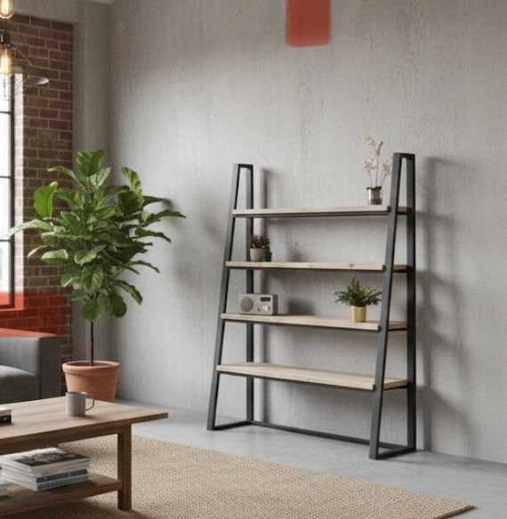 Solid Wood Metal Leaning Ladder Shelf Custom Built Bespoke Handmade Storage Unit | WALDEN