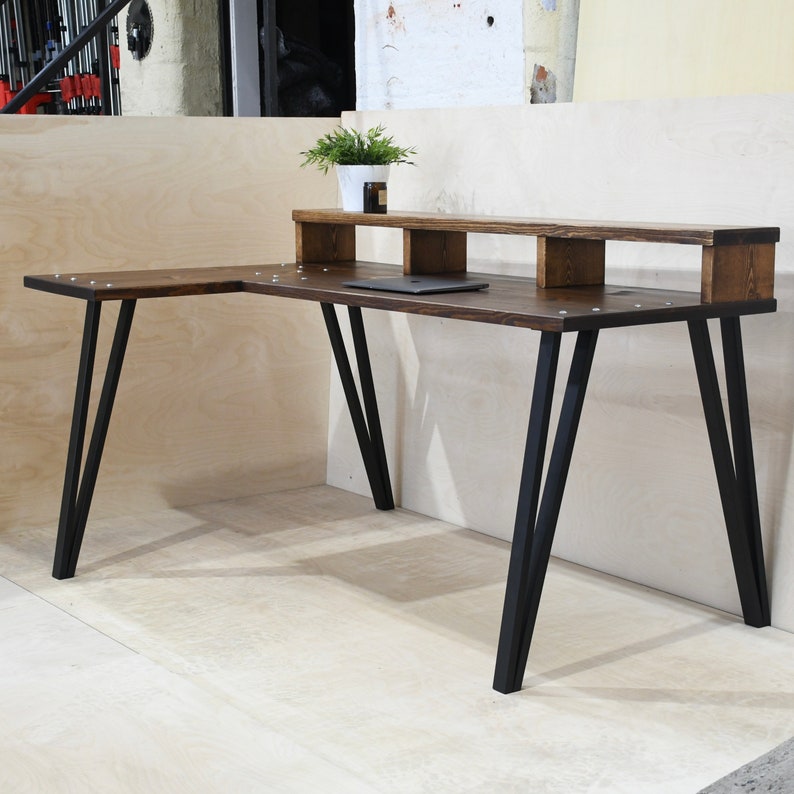 TEMIZ Solid Wood Handmade Custom Built Bespoke Corner Desk / Computer Desk With Monitor Shelf Choice of Bases / Legs image 2