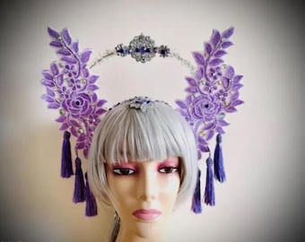 Tocado de fantasía oriental: filigrana de cristal morado y lila, cosplay de geisha