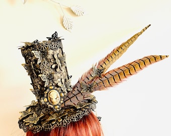 Steampunk Antique Gold Metal Look Filigree Butterfly Fantasy Feather Fascinator Headband Hat