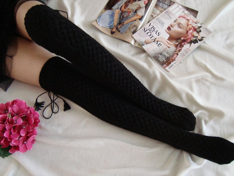 Black Thigh High Socks Womens Knee High Socks Cable Knitted - Etsy UK