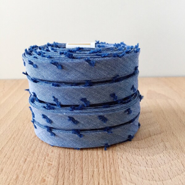 Bias Tape in Kaufman's Textured Swiss Dot chambray cotton 1/2" double-fold binding- Clip dot in denim blue- 3 yard roll