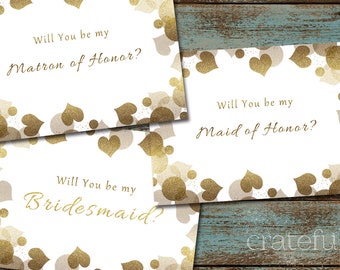 Gold Confetti Hearts Bridesmaid Invite Printable- Will You Be My Bridesmaid- Bridesmaid Proposal Card- DIY Digital Download