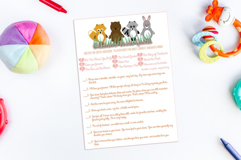 Animal Baby Shower Game Printable Children S Book Quotes Etsy