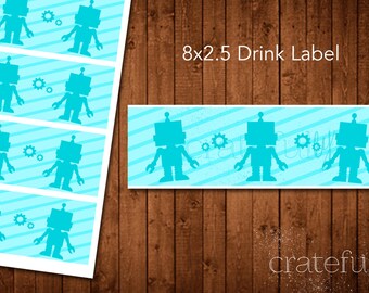 Robot Party Bottle Wraps - 20 Waterproof Sticker Labels For Water Bottles & Party Decor