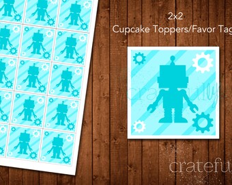 Robot Birthday Party Cupcake Toppers/Favor Tags Printable- DIY Digital Download