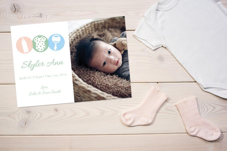 Circles Baby Announcement-Onesie Bottle Rattle Baby Announcement-Custom Baby Announcement Printable-DIY Digital Download-Birth Announcement