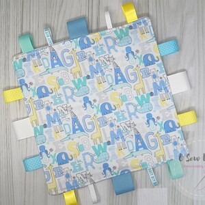 Baby Boy Crinkle Tag Toy, Sensory Toy, Baby Ribbon Crinkle Toy, Baby Gift, Baby Shower, New Baby, Baby Lovey, Blue, Alphabet Letters