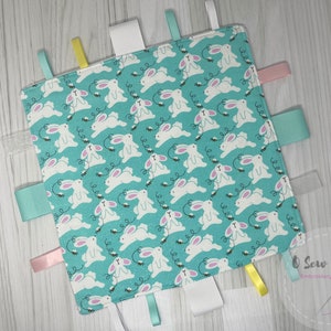 Easter Baby Tag Toy, Sensory Toy, Baby Ribbon Crinkle Toy, Baby Gift, Baby Shower, New Baby, Baby Lovey, Easter Bunny,  Turquoise, Bunnies