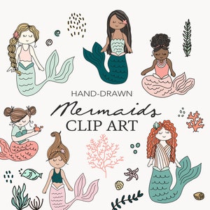 Mermaids Clip Art Set - Hand-drawn Ocean Illustrations, Kids Mermaid Party Graphics - Kids Designs, Mermaid, Seaweed, Coral Designs